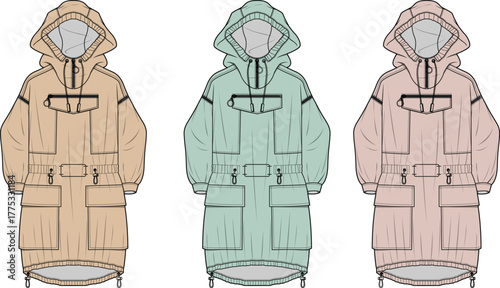 Fashion Design Color Variations of a Stylish Women's Parka with Hood and Pockets in Flat Sketch Format