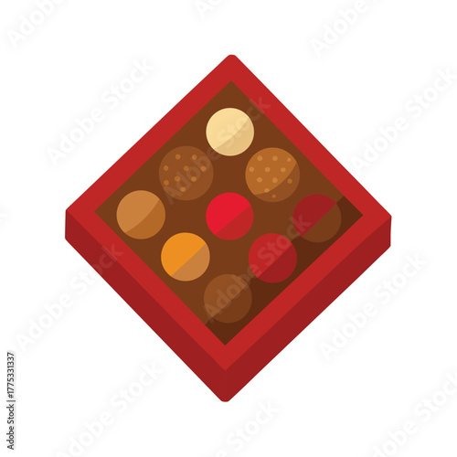 Box of assorted chocolates with red border on white background Keywords: chocolates, candy