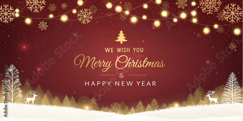 christmas card with christmas tree, and snow flakes 
