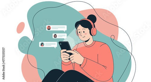 Woman Listening Music And Chatting On Smartphone, Social Media And Mobile Communication Illustration
