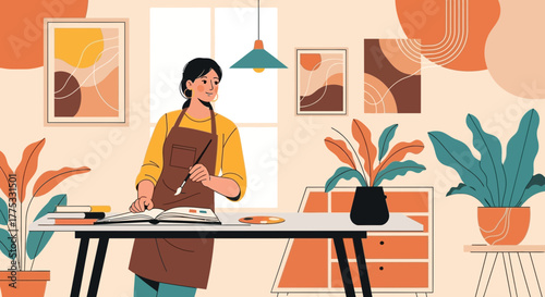 Woman Painting Artistic Scene With Paintbrush And Color Palette In Creative Studio