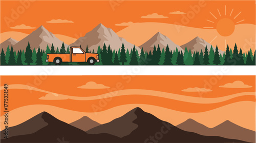 Vintage Pickup Truck Driving Through Mountain Landscape at Sunset Vector Illustration