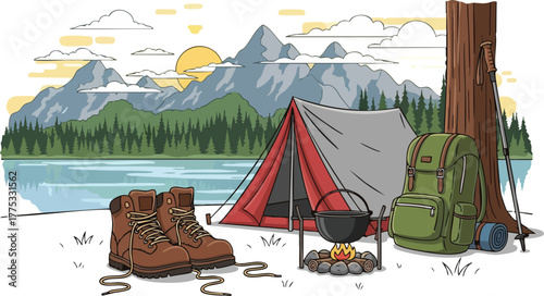 Camping Adventure Illustration with Tent Backpack and Mountain View