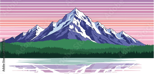 Retro Mountain Landscape with Lake Reflection Illustration