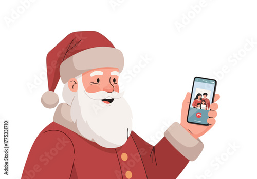 Santa Claus Video Calling Family on Smartphone.