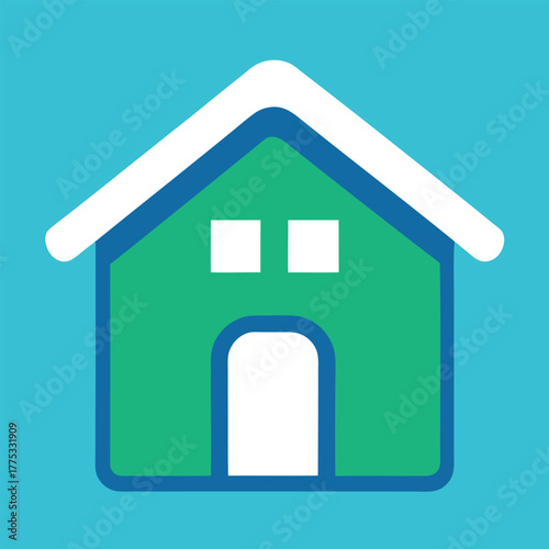 Simple Green House Icon With White Roof and Door On Blue Background