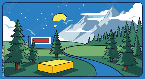 Scenic Mountain Landscape with Battery Renewable Energy Concept Illustration