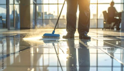 Wallpaper Mural Cleaning staff mopping office floor reflection shiny tiles morning light janitor sweeping office floor with reflection on shiny tiles under warm morning light, calm and focused mood Torontodigital.ca