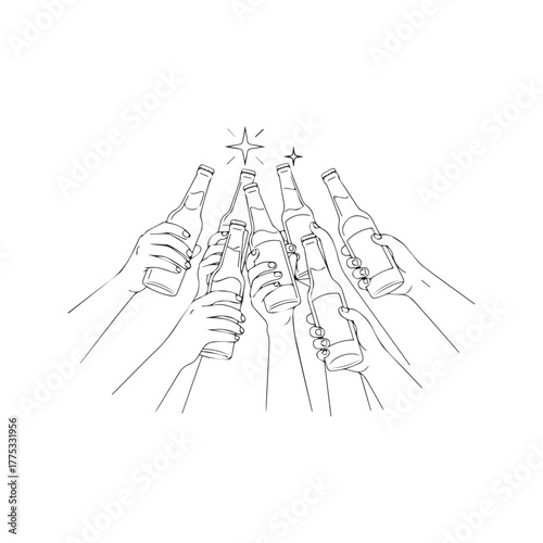 Cheers Celebration with Friends: Toasting with Beer Bottles
