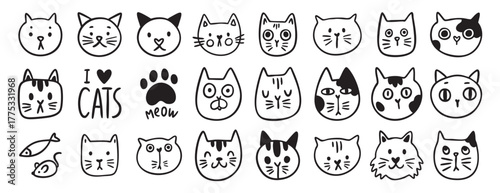 Cat face doodle set, hand drawn cute kitty vector clipart, emoticon, isolated illustration for children card coloring cartoon kawaii