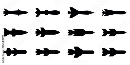 Diverse collection of military projectiles, including bombs, guided missiles, and torpedoes, presented as black silhouette vector icons for various design projects