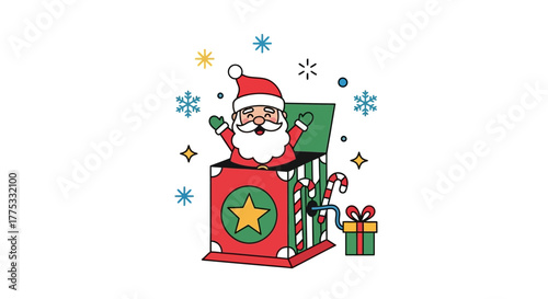 Santa Claus popping out of a festive red jack-in-the-box with a star, surrounded by snowflakes and a gift.