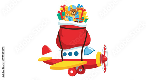 A festive red airplane carrying a large sack filled with Christmas presents and toys.