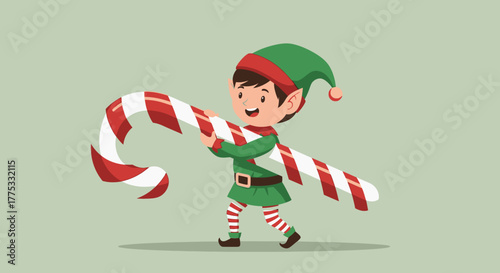A cheerful cartoon elf wearing a green hat and outfit, holding a large candy cane.