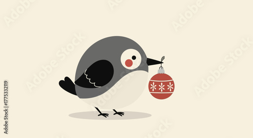 A cute cartoon bird with gray feathers, holding a red Christmas ornament with white snowflakes.