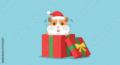 A cute hamster wearing a Santa hat, peeking out of a red gift box, with a smaller present.
