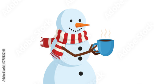 A cheerful snowman wearing a red and white striped scarf holds a steaming blue mug of a hot drink.
