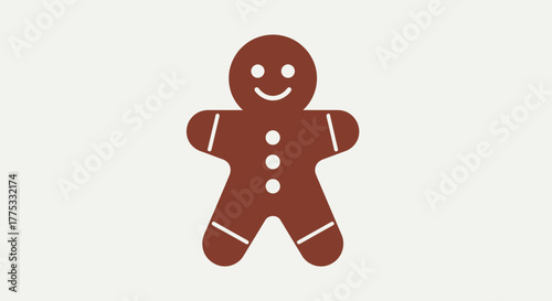 A simple graphic illustration of a smiling brown gingerbread man cookie on a light background.