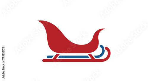A simple, stylized illustration of a red Santa sleigh with blue runners on a white background.
