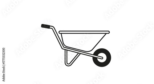 Simple black and white line art illustration of a wheelbarrow, a common garden and construction tool.