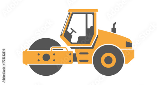 A yellow and grey road roller vehicle, a type of heavy construction machinery, isolated on a white background.