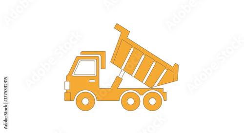 Yellow dump truck with a raised tipper bed, isolated on a white background.