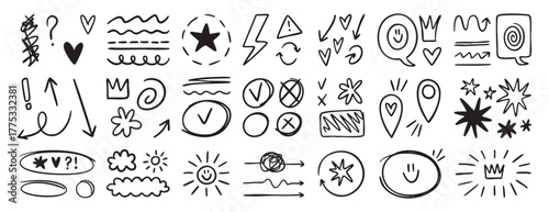 Swishes, sweeps, swoops doodle set, hand drawn highlight elements, calligraphy swirl retro flower heart, star crown for text emphasis