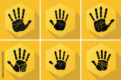Set of Six Black Handprint Icons on Yellow Hexagonal Background with Shadows