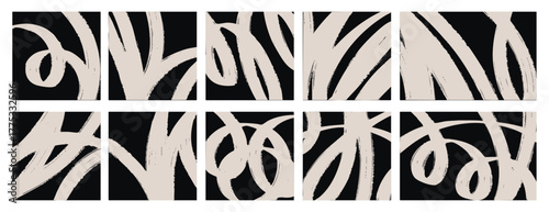 Minimalistic black doodle abstract background, hand drawn sketch collection of curves, lines, pattern shapes, stripes, freehand monochrome pastel geometric vector template, isolated light gray