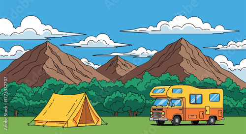 Camping Adventure Tent RV and Mountain Landscape Illustration