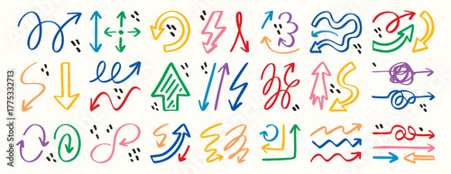 Doodle arrows set, direction pointers, hand drawn, curved, straight, twisted, colorful graphic brush stroke, trendy isolated vector