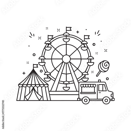 Funfair Carnival: Ferris Wheel, Food Truck and Tent Attractions