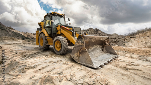 Photos A yellow backhoe loader operates on a gravel surface, moving dirt and debris und