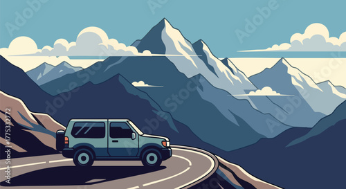 Road Trip Adventure Car Journey Through Majestic Mountain Landscape
