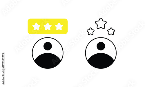 User feedback and rating icons with stars and profile placeholders representing customer satisfaction and review