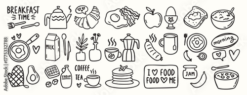 Breakfast doodle set of chalk style food and coffee icons for cafe menu, invitations, Italian brunch, cute croissant, cup, eggs, minimal vector