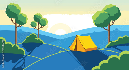 Camping in Nature Illustration with Tent on a Hillside