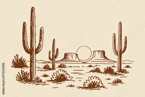 Desert with cacti and mesas, naive sketch vector illustration