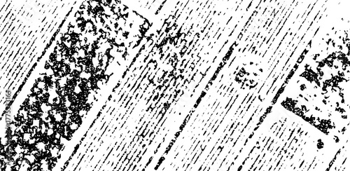 Distressed black and white texture features diagonal planks with grainy patterns, creating a rustic and vintage look with high contrast and abstract shapes for an aged effect
