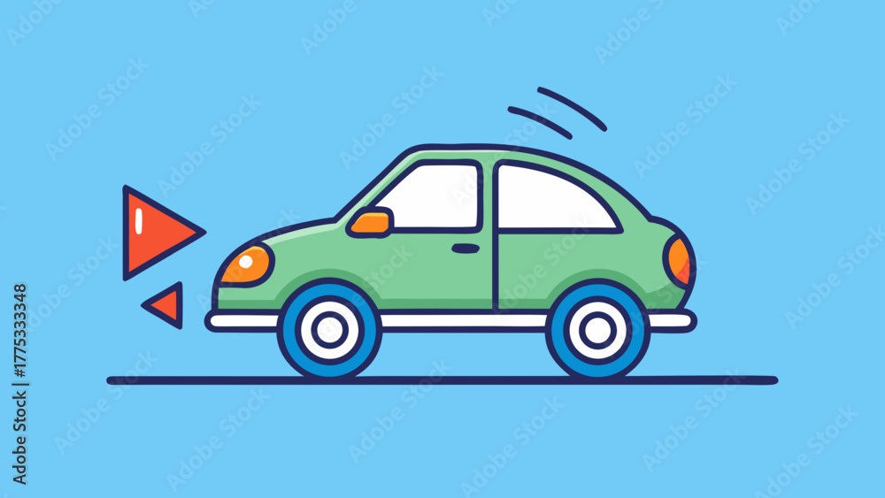 Fototapeta premium A green car with blue wheels involved in a near miss event