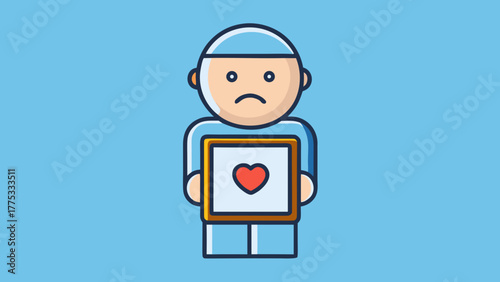 Sad Cartoon Figure Holding Photo Frame with Heart Symbol