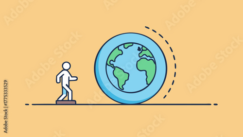 A person walking toward a large Earth globe illustration