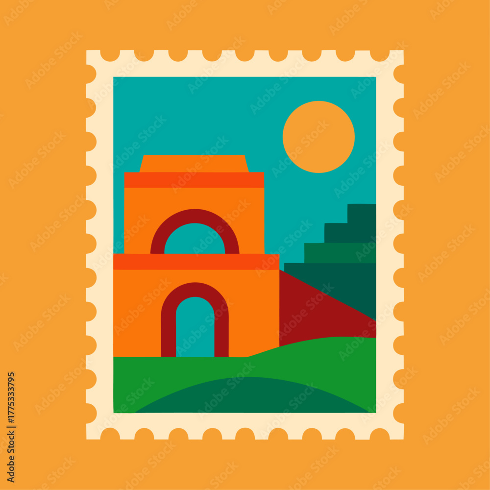 Fototapeta premium Travel postage stamp with tiger, palm, Mosque, and pyramid at sunset with historic fort landscape, Landmark spire by river