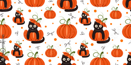 Halloween Wrapping Paper template design. Vector illustration of cute black cat and pumpkin seamless pattern. Perfect Halloween wallpaper Wrap Paper layout. EPS 10