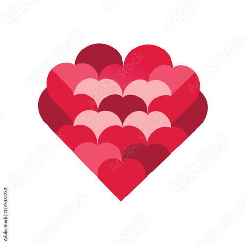 Heart Shape Composed of Overlapping Red and Pink Hearts on White Background Keywords: heart