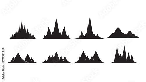 Abstract mountain range graphics collection with varied peaks on transparent background silhouette