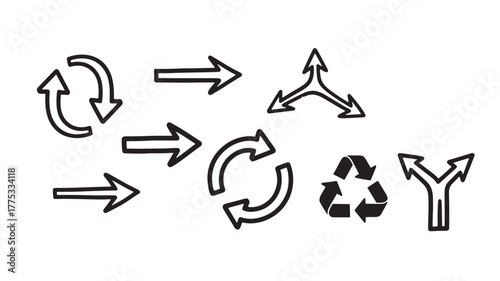 Collection of various arrow and recycle icons ideal for design on transparent background silhouette