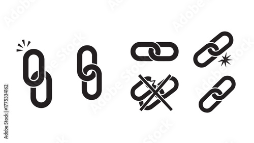 Black chain links with sparkles connected and broken on transparent background silhouette