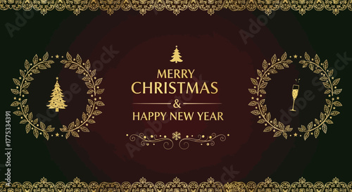 Elegant Merry Christmas and Happy New Year greeting card with golden text and festive decorations on a dark background.