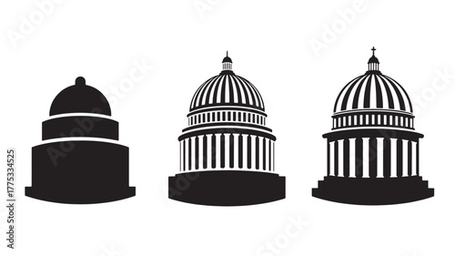 Three ornate domed buildings in black ideal for graphic design on transparent background silhouette
